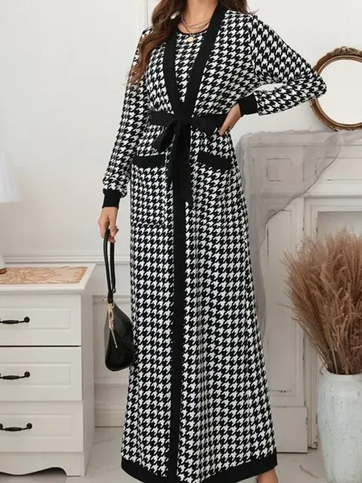 2Pc Set Co-Ord Houndstooth Open Front Pocket Belted Cardigan Coat & Pencil Dress
