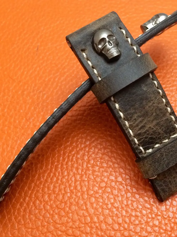 Genuine Leather Brown Watch Straps in 24mm, Skull Sterling Silver Stud, Mens Wristwatch Band 26mm, Watch Accessories, Personalise Gift Ideas