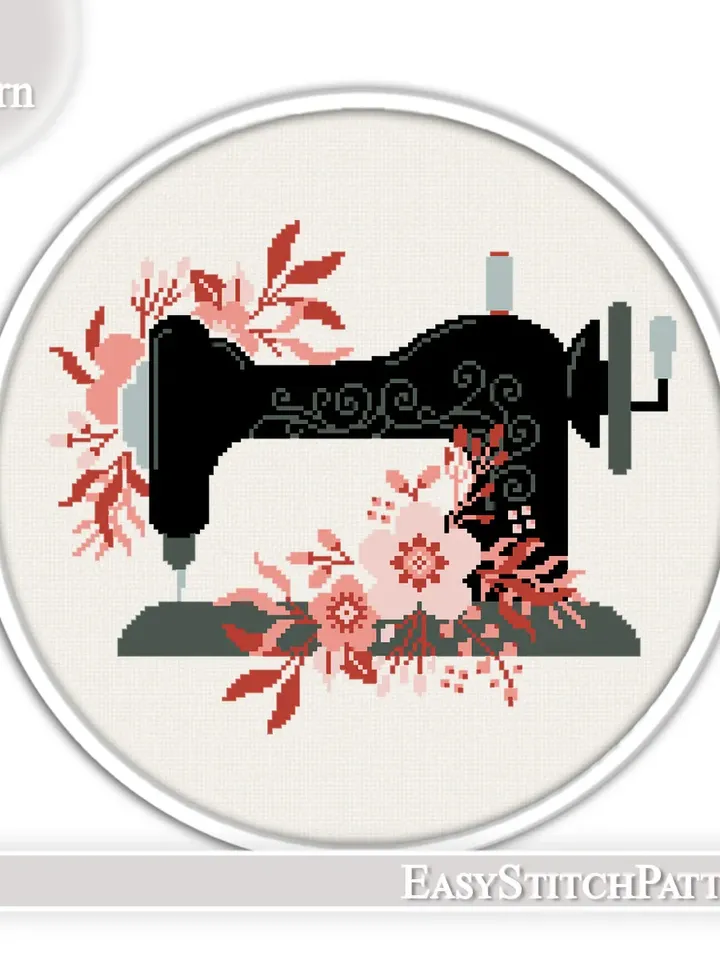 Sewing machine cross stitch pattern. Floral Cross Stitch pattern.