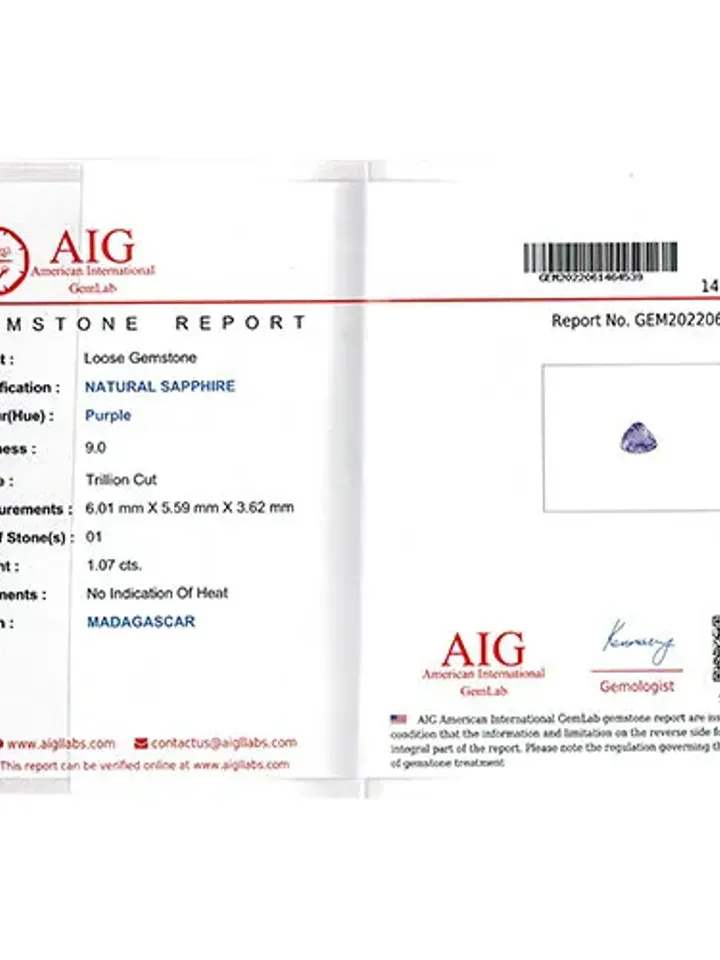 1.07 CT AIG Certified Exclusive Unheated 100%Natural Purple Sapphire Madagascar