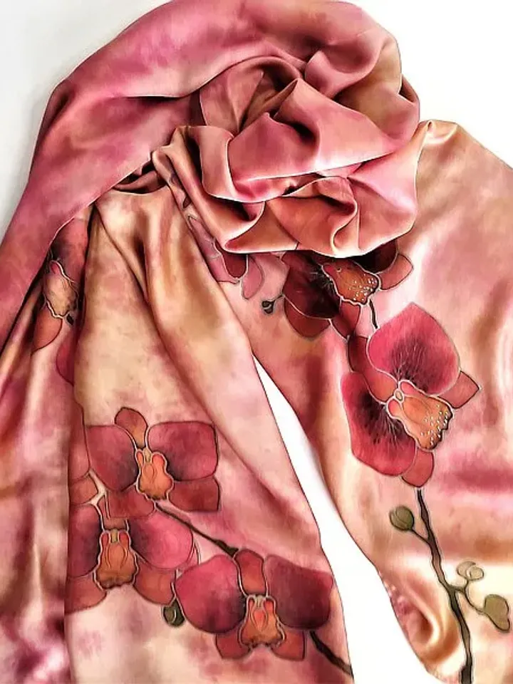 Beautiful long silk scarf Hand painted scarf Orchid print scarf silk satin scarf