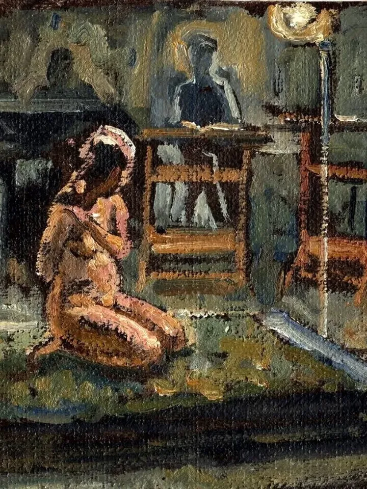 Figure Painting - Night Studio/Female Nude - 8x11 Oil on Canvas, Small American Realist Sketch, Signed Original Interior, Fine Art from Life