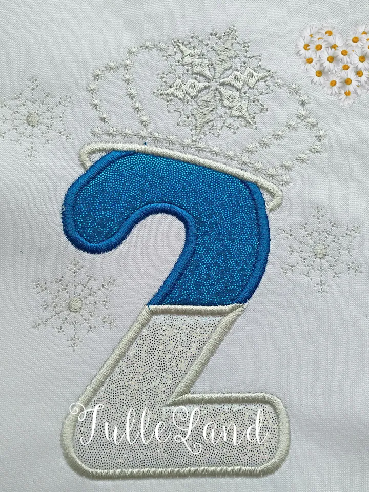 Snow Queen Birthday Number 2 Letter Alpha Snowflake Crown and snow flakes Design applique for Machine Embroidery