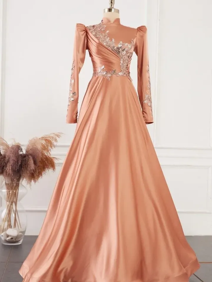 AHUNARE HIJAB - Nisa Salmon Satin Wedding Dress, Muslim Evening Gown, Nikah, Islamic Wedding, Engagement, Bridesmaid,