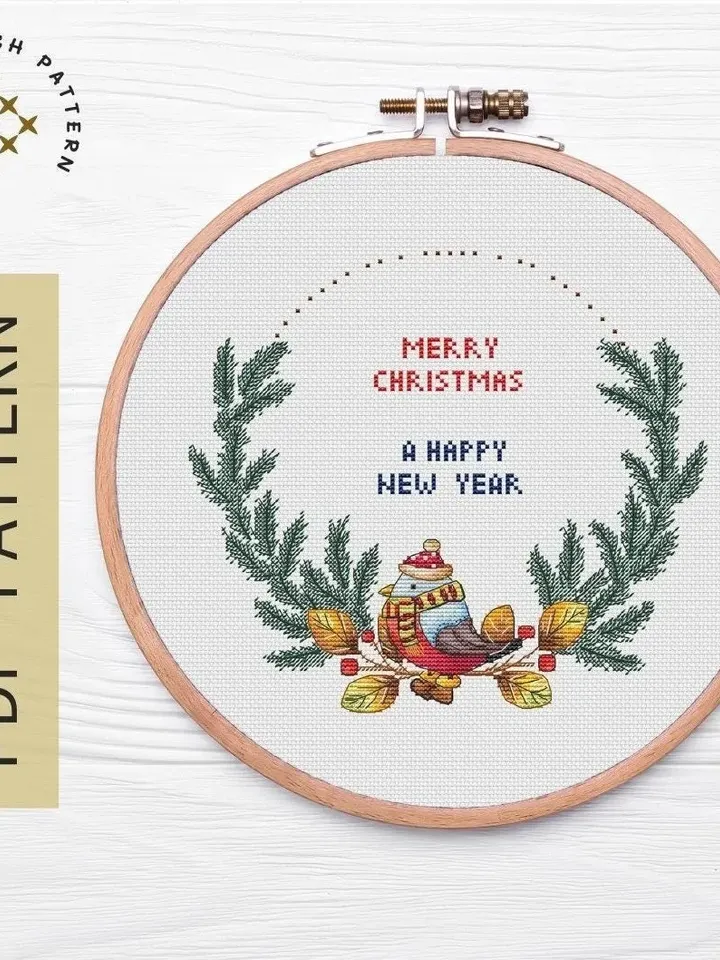 Christmas wreath сross stitch pattern PDF, Winter сross stitch chart instant download, New Year hand embroidery pattern