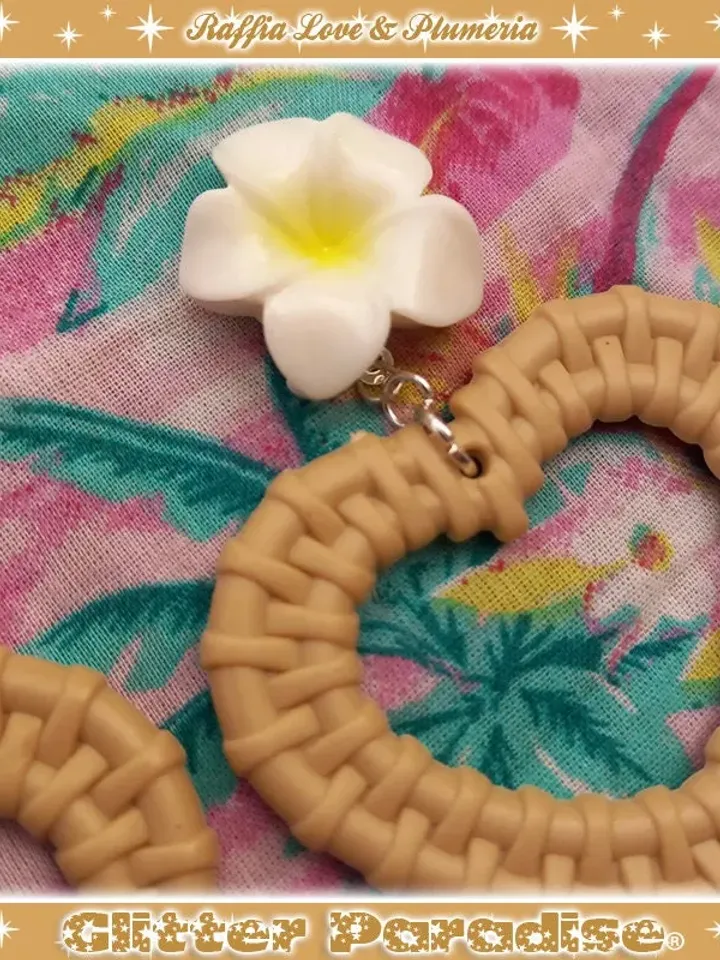 Rattan Love Plumeria - Earrings - Rattan Raffia Jewelry - Heart - Frangipani - Plumeria Earrings - Heart Rattan Jewelry - Glitter Paradise®