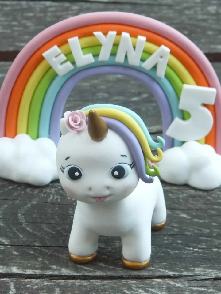 Fondant Unicorn Rainbow Birthday Cake Topper, Unicorn Birthday Themed Party, Personalized Unicorn Rainbow Birthday Cake Topper Figurine Gift