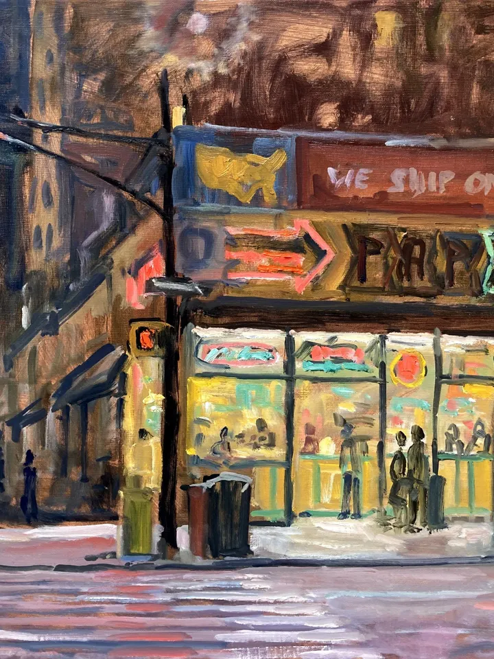 Large New York Cityscape - Papaya King/NYC Nocturne - 18x24 Oil on Linen, Contemporary New York Impressionist Fine Art, Signed Original