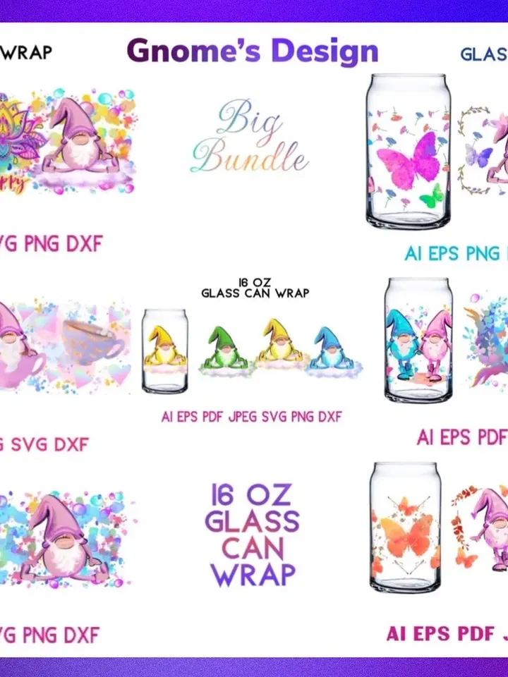 7 Designs Gnome's Big Bundle 16 oz Libby Glass Can WrapTumbler designs patterns all tumbler bundle in the shop 2023 design sublimation