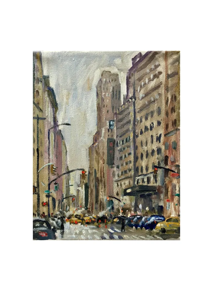 New York Cityscape Painting - Midtown Rain/7th Ave/NYC- 8x10 Oil on Canvas, Urban Impressionist Landscape, Signed Original American Fine Art