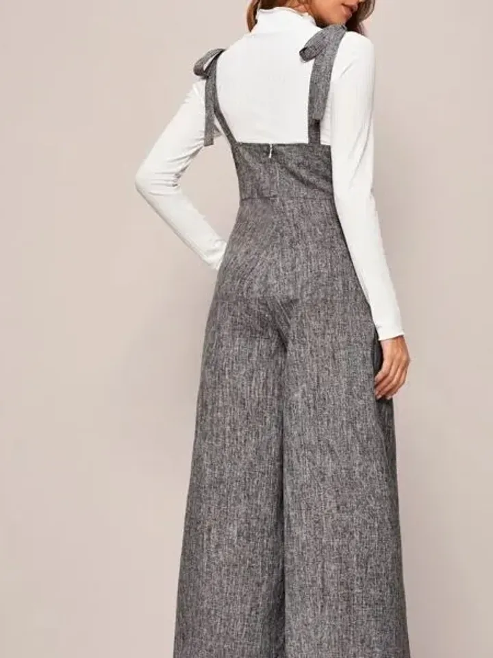 Gray Elegant Straps Double Breasted Pockets High Waist Wide Leg Suspender Jumpsuit Overall Women Ladies