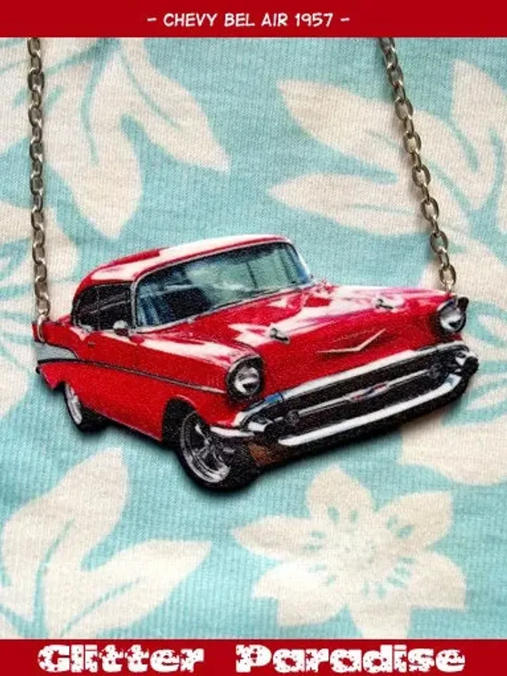 57 Chevy Blue - Necklace - Blue '57 Chevy Bel Air - Vintage Chevrolet - Retro Car - 50's Vintage Old Car - Vintage Car - Glitter ParadiseĀ®