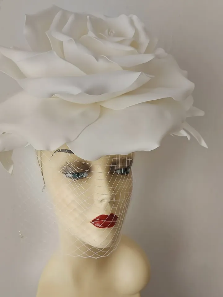 Large white rose veil Fascinator, Kentucky Derby Hat Wedding Headband, Bride 2024
