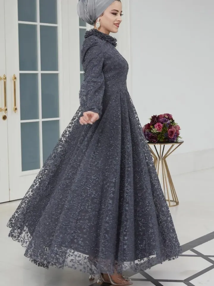 AHUNARE HIJAB - Orkide Grey Tulle Wedding Dress, Muslim Evening Gown, Nikah, Islamic Wedding, Engagement, Bridesmaid,
