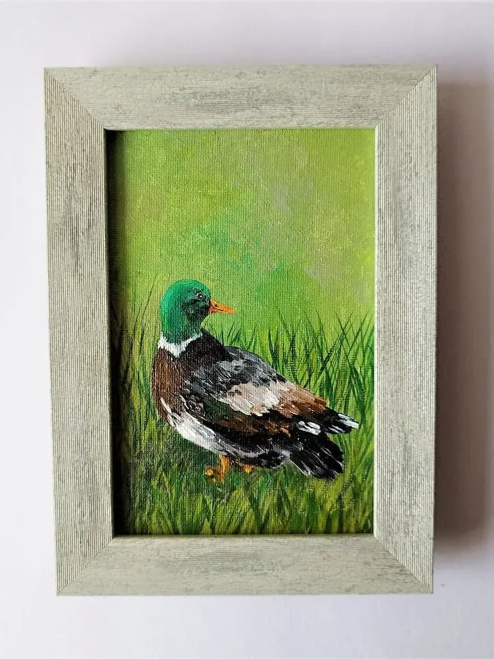 Duck little bird painting, Small wall decor, Farm birds acrylic painting on canvas art impasto
