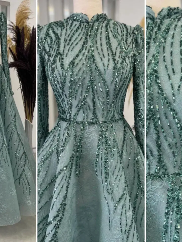AHUNARE HIJAB - Çırağan Mint Embroidered  Wedding Dress, Muslim Evening Gown, Nikah, Islamic Wedding, Engagement, Bridesmaid,