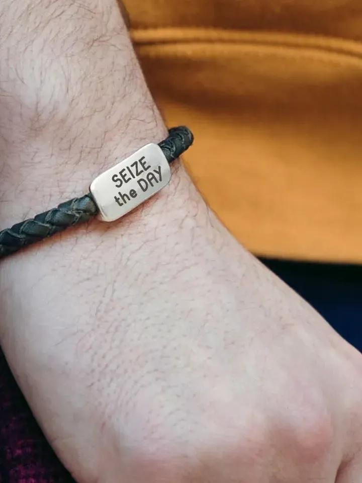 Custom ENGRAVED Wristband in Braided Leather | MALE Jewelry Personalized Bracelet for Him | Leather Cuff Gift for Dad / Boyfriend / Husband