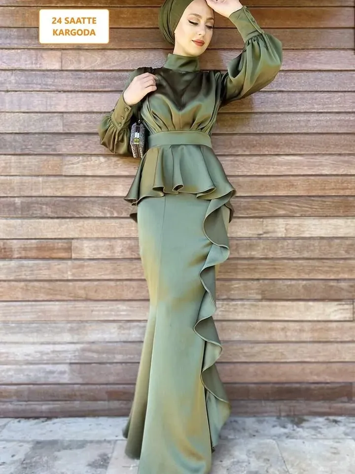 AHUNARE HIJAB - Lina Khaki Satin Wedding Dress, Muslim Evening Gown, Nikah, Islamic Wedding, Engagement, Bridesmaid,