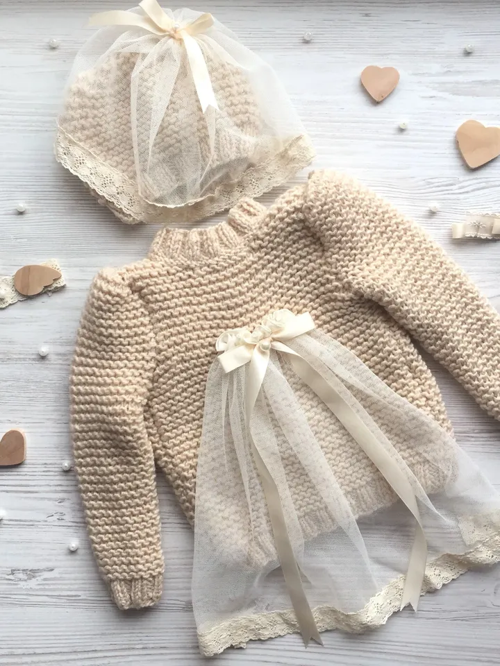 Jacket and a hat for little girl. Clothing set for girl. Hand made knit jacket with bows. Sweater with tape. Knitting hat for girl.