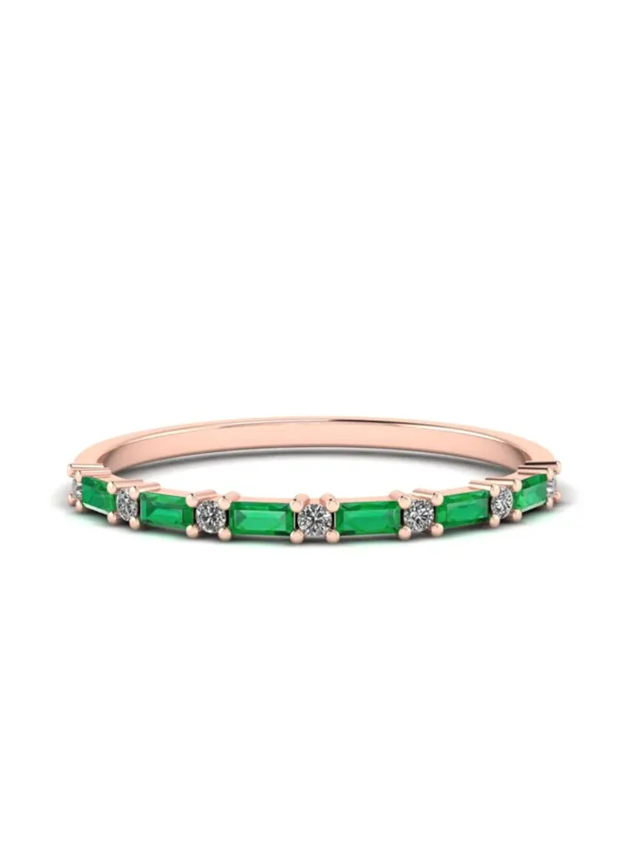 HALF ETERNITY RING | Baguette Emerald Diamond Ring | Green Gemstone 14k Gold Ring Band | Stacking May Birthstone Ring | Gift For Anniversary