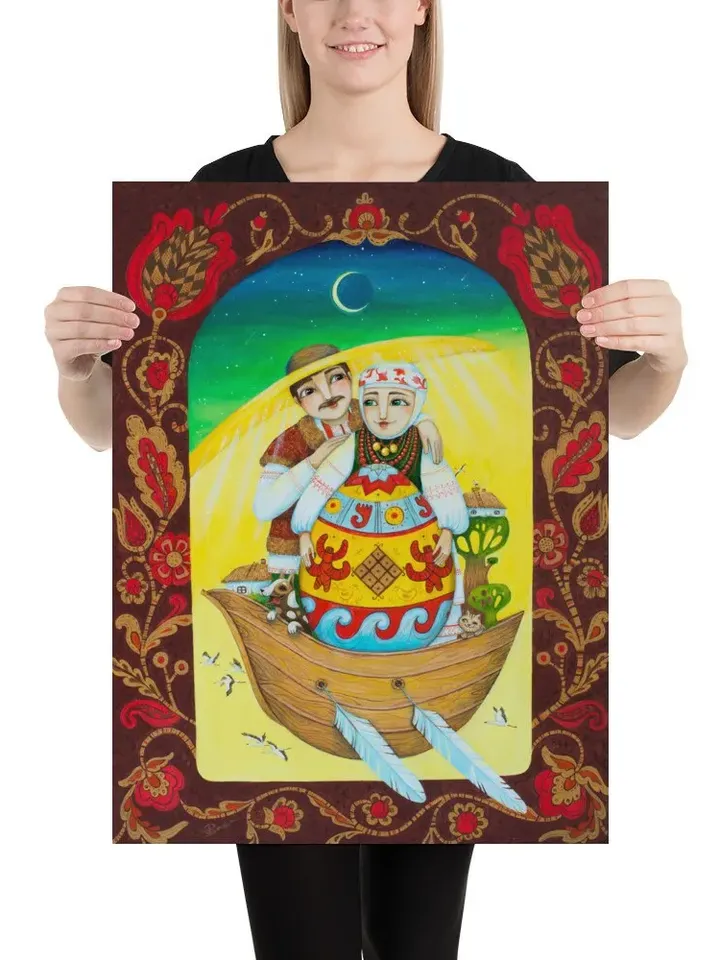 Ukrainian folk motif, happy family in a boat, poster from the original work by Ukrainian artist Aleksandr Paranchenko, Wall decor
