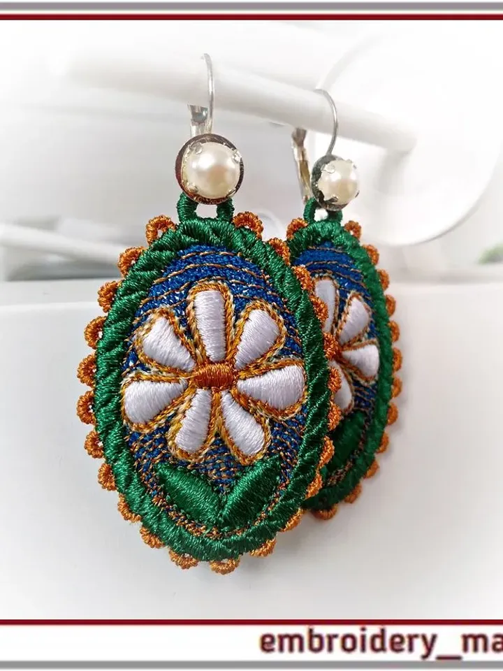In The Hoop embroidery design oval FSL earrings with chamomile