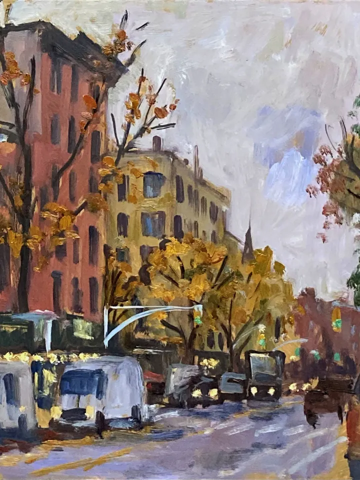 Original East Village Cityscape -Rain on Avenue A/NYC- 12x12 Oil on Panel, New York Urban Impressionist Landscape, Signed Original Fine Art