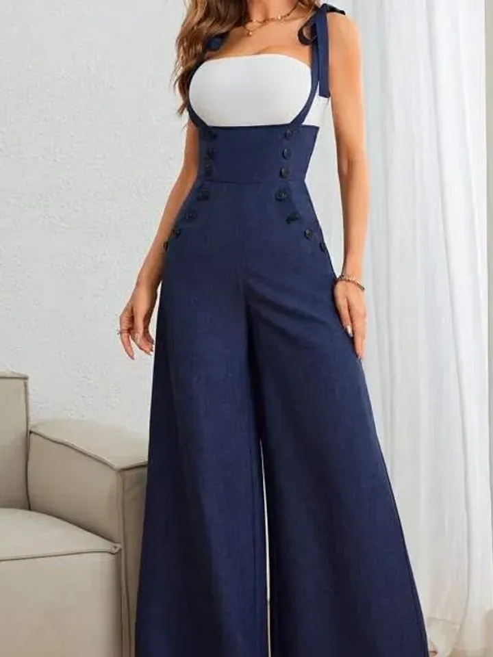 Navy Blue Elegant Straps Double Breasted Pockets High Waist Wide Leg Suspender Jumpsuit Overall Women Ladies