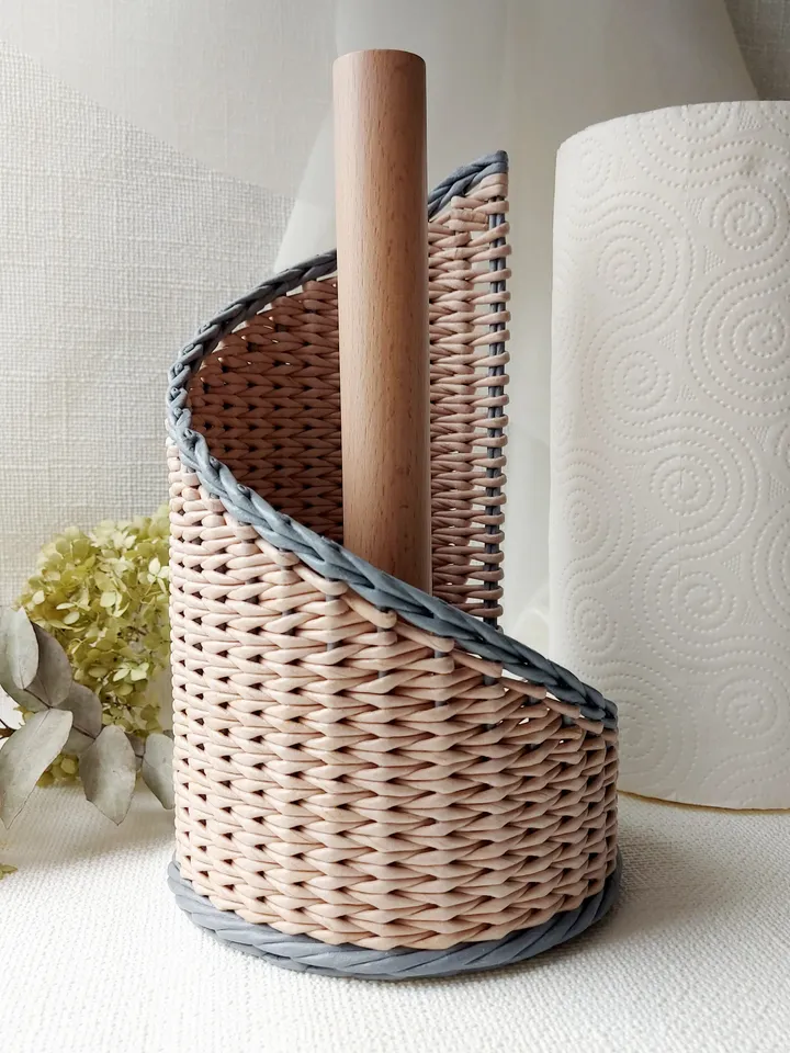 Paper towel holder with beech handle. Standing handmade wicker stand.