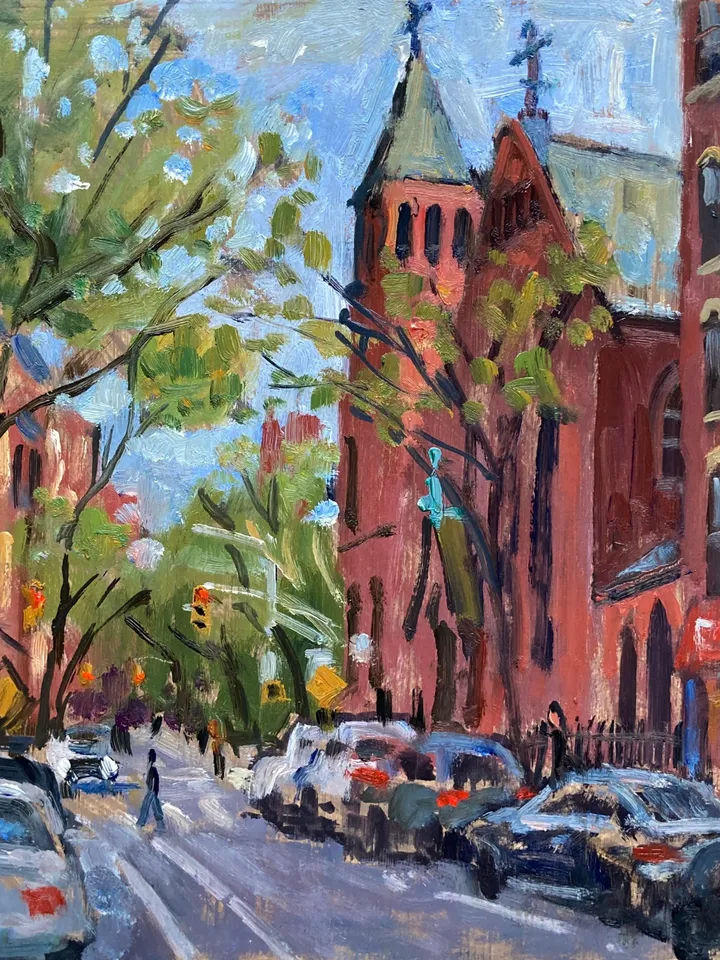 East Village Cityscape Painting - Across 10th Street/East Village NYC - 10x10 Oil on Panel, Impressionist Signed Original
