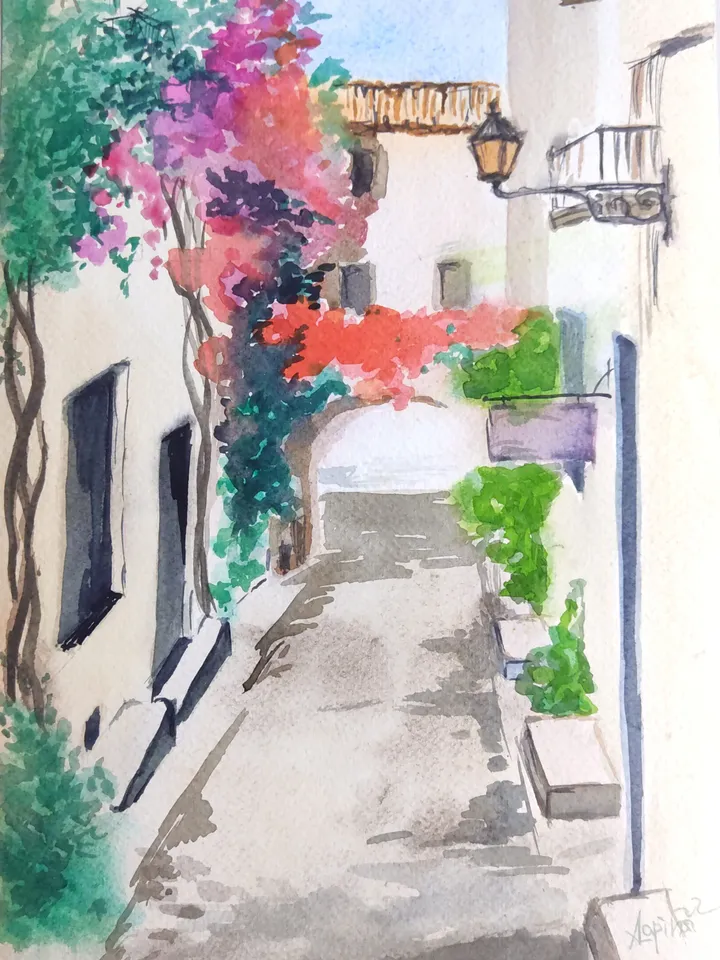 Italian Street Painting Original Watercolor Art landscape Miniature Artwork painting