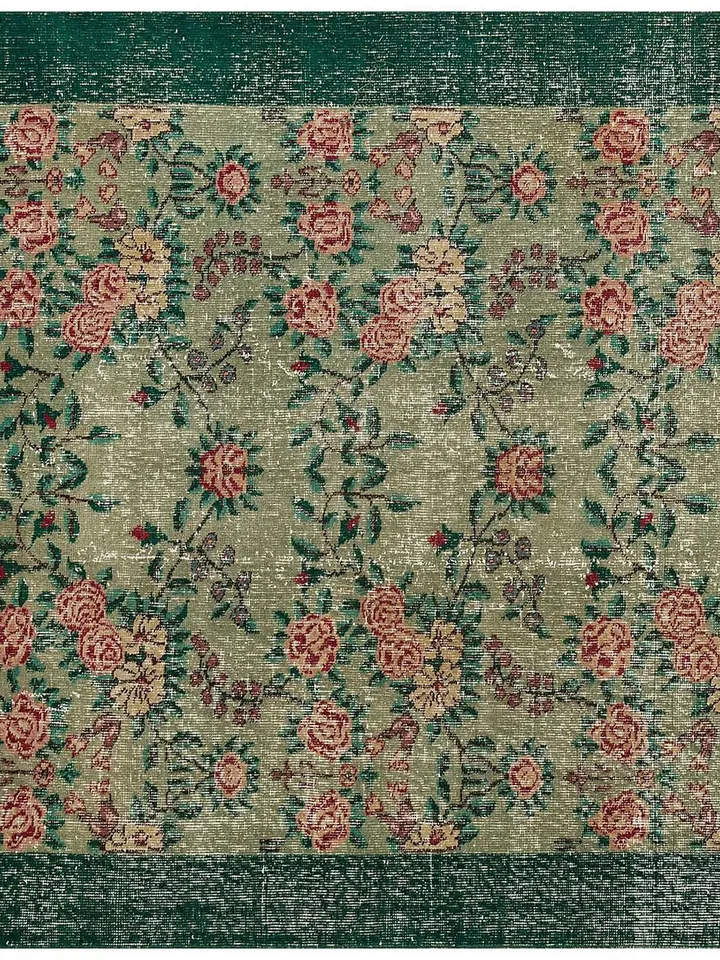 Antique Turkish Floral Rug: Classic Beige with Green Frame, 5.2x8.2ft Worn & Timeless Beauty