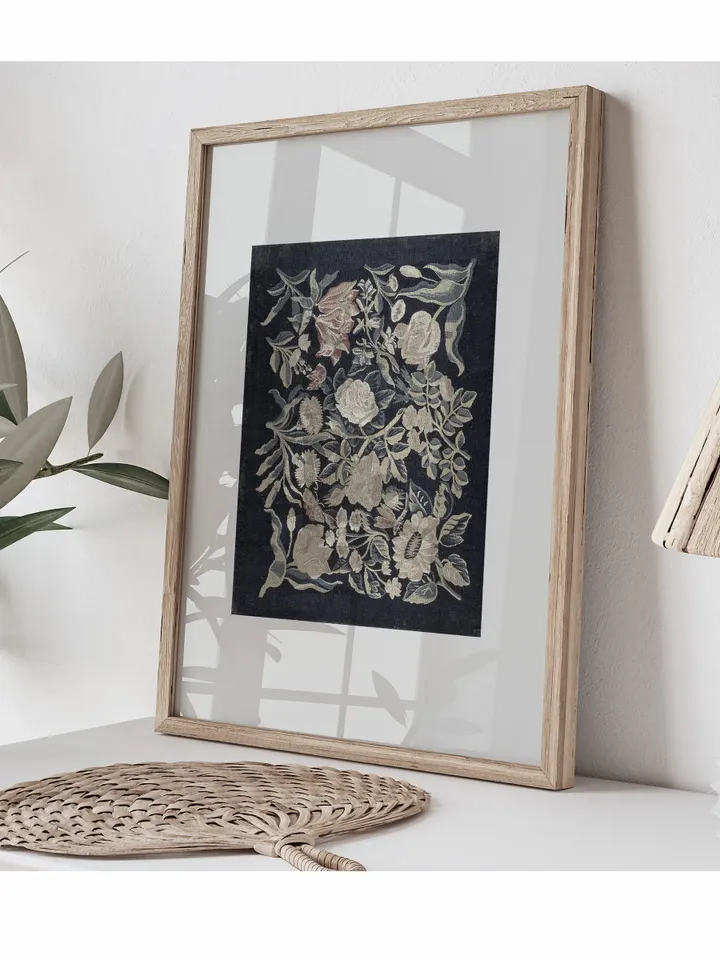 Navy Blue Textile Wall Art Vintage Print, Floral Rug Pattern, Printable Home Decor, Downloadable | 204