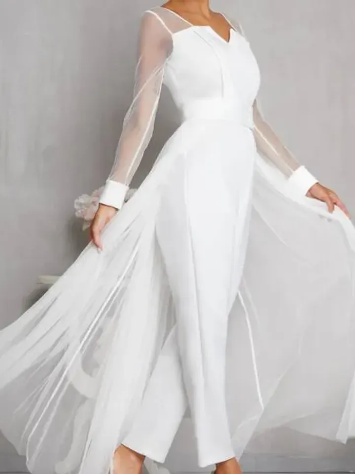 Solid Notched Neck Long Sleeve Pearl Beaded Waist Jumpsuit With Mesh Skirt