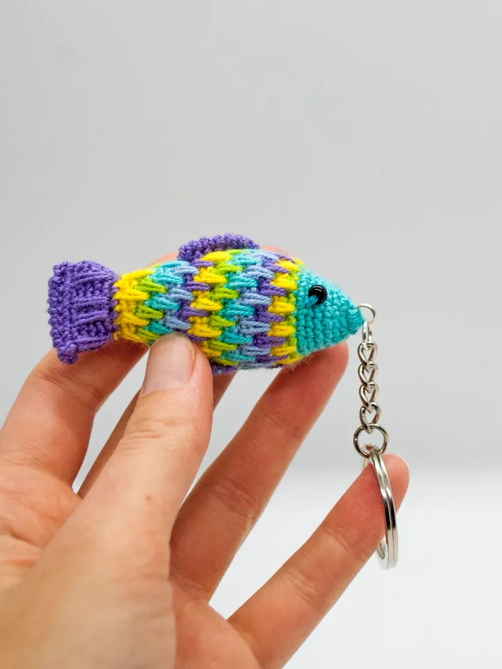 Unique multicolor Fish Keychain, Small rainbow keyring fish, Crochet charm Water animal Patterned fish keyfob