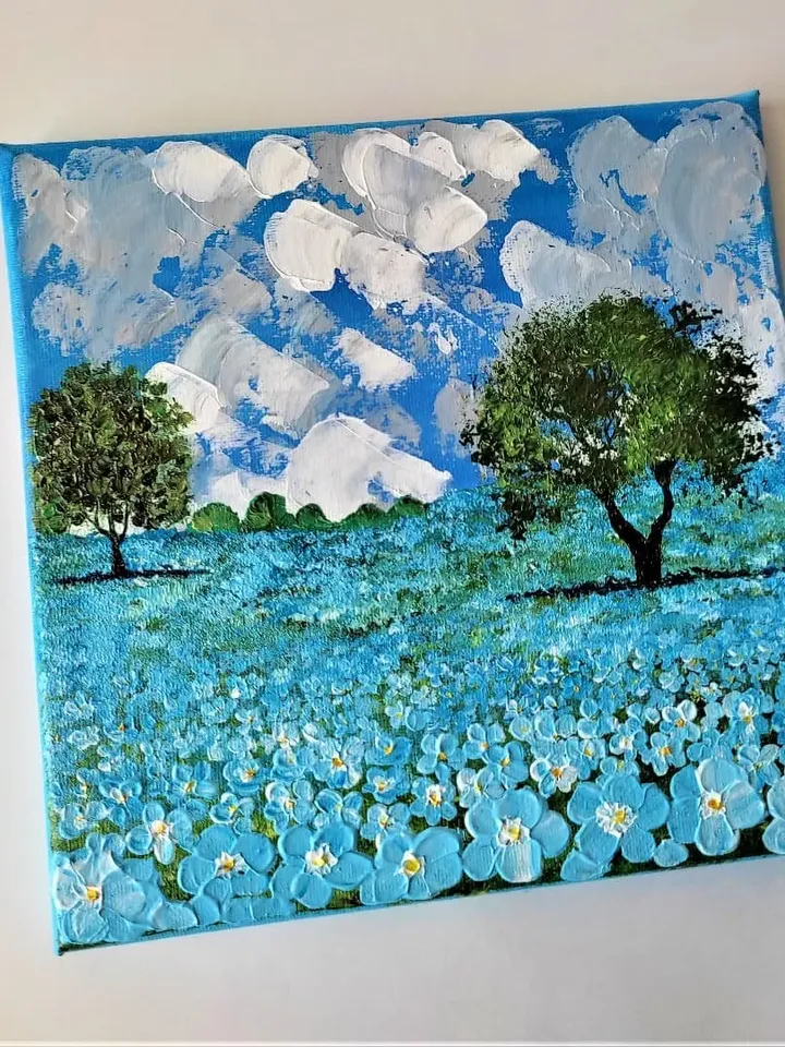 Blue floral canvas wall art, Landscape art, Bright floral wall art, Flower painting acrylic, Texture painting on canvas