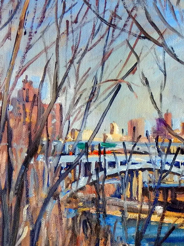 Original New York Landscape Painting - High Bridge/Harlem River/NYC - 16x16 Oil on Canvas, Urban Impressionist Plein Air Fine Art