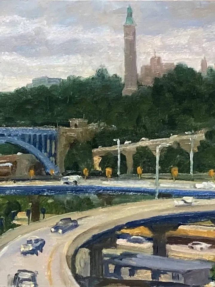 Large New York City Landscape Painting - High Bridge/NYC - 10x24 Oil on Panel, Urban Industrial Fine Art, Impressionist Cityscape