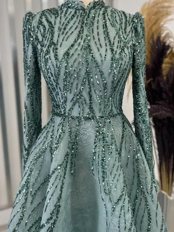 AHUNARE HIJAB - Çırağan Mint Embroidered  Wedding Dress, Muslim Evening Gown, Nikah, Islamic Wedding, Engagement, Bridesmaid,
