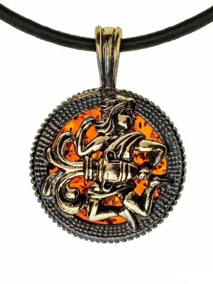 Aquarius Pendant Necklace Men's Jewelry Round Coin Brutal Gold Black Amber Pendant Aquarius Zodiac Gift Best Friend Men