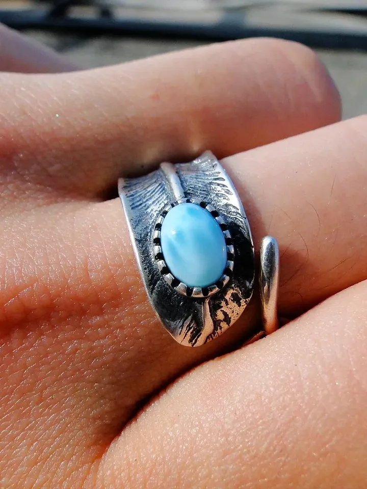 Bohemian Tribal Ethnic Ring, Native American Feather Ring, Sterling Silver Tribal Ring, Larimar Ring, Statement Rings, Bohemia, Western Ring