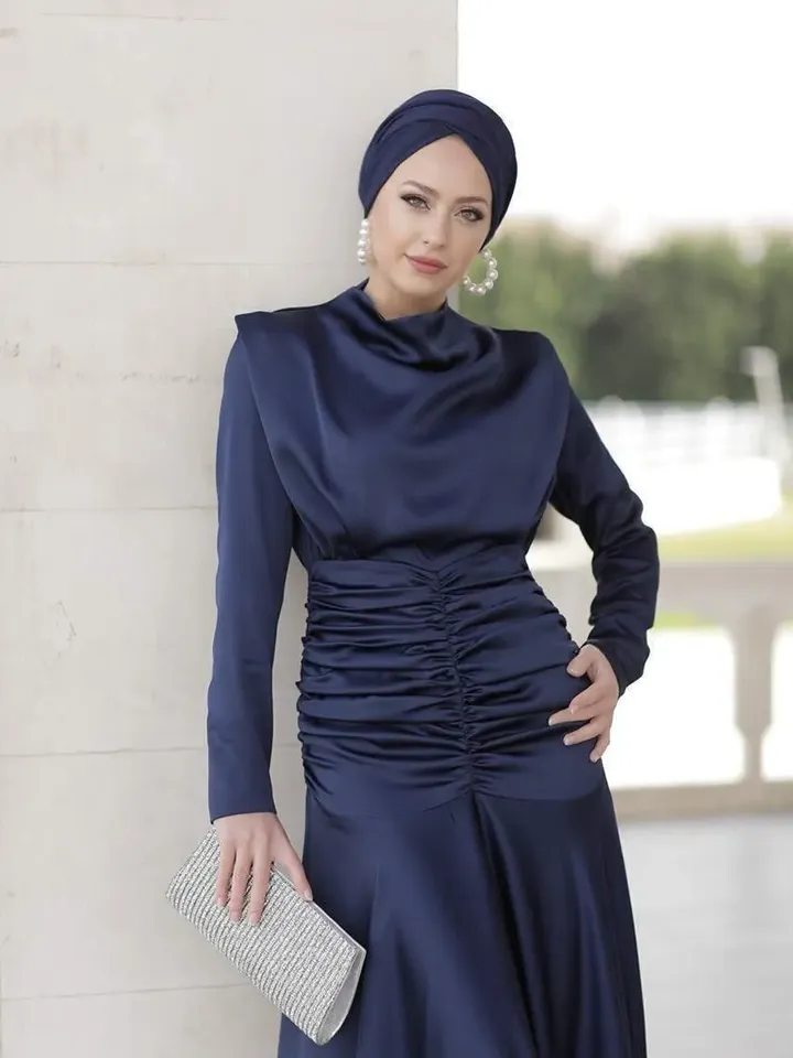 AHUNARE HIJAB - Dilara Navy Blue Satin Wedding Dress, Muslim Evening Gown, Nikah, Islamic Wedding, Engagement, Bridesmaid,