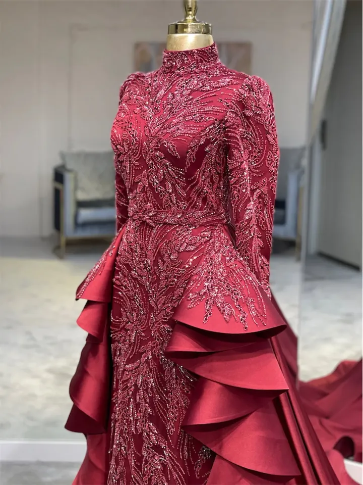 AHUNARE HIJAB - Çiçek Red Mermaid Tailed Embroidered  Wedding Dress, Muslim Evening Gown, Nikah, Islamic Wedding, Engagement, Bridesmaid,