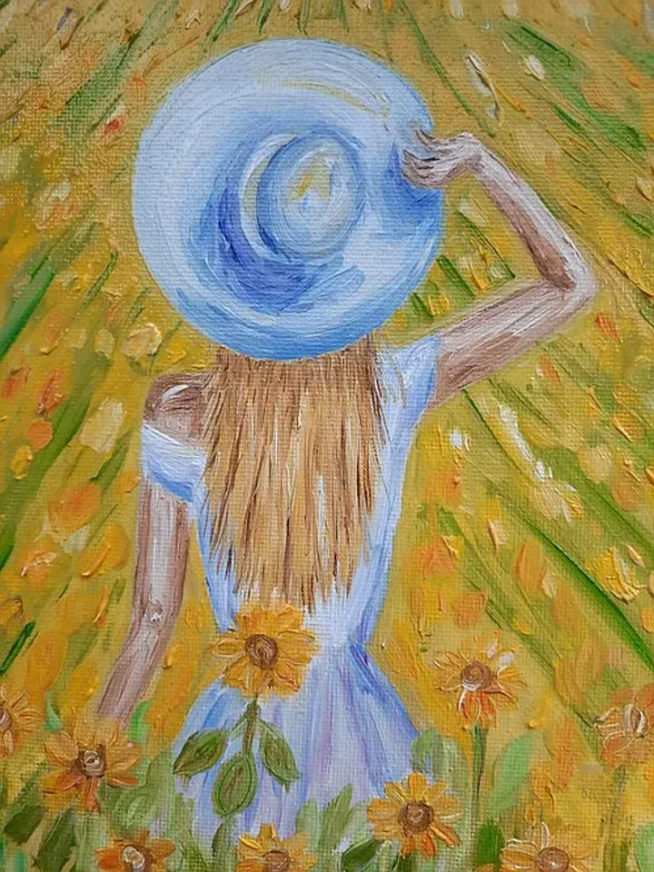 Sunflower field painting Girl in the field wall