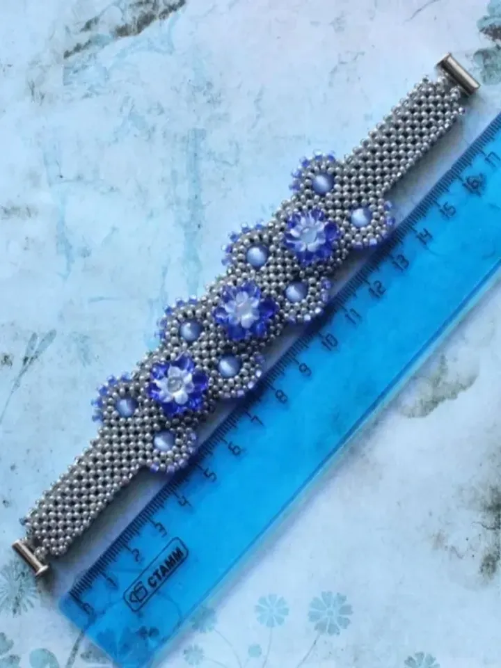 Gray blue cuff flower bracelet lampwork beads beaded bracelet