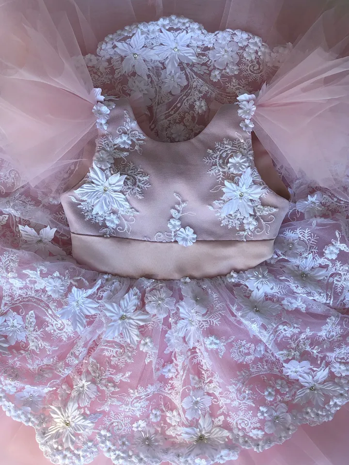 Pink and white dress with 3d flowers, pearls, beads. Dress with headband and booties for baby girl.Tutu dress for girl.Clothing set for girl