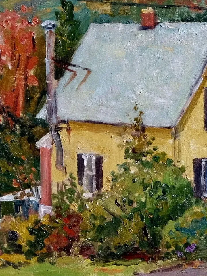 Original Autumn Landscape Painting -Downhill Houses- 10x17 Oil on Panel, Plein Air Impressionist Oil, Signed Original