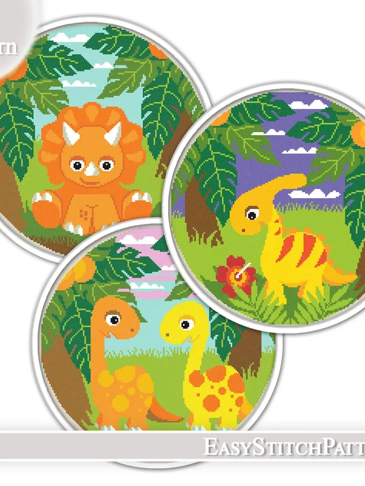 Little dinosaur cross stitch pattern. Cute Cross Stitch. Nursery Cross Stitch.