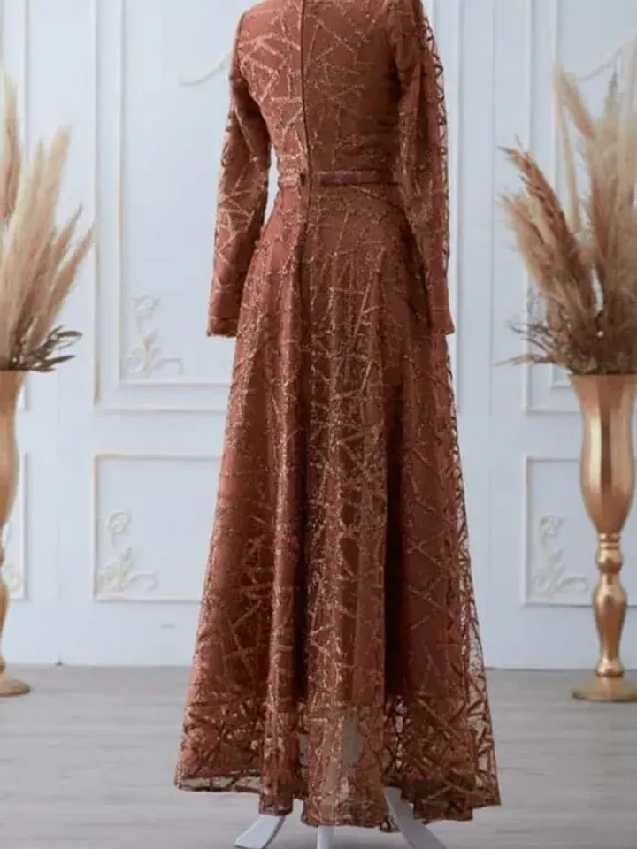 Parıltı brick color silvery embroidered Ahunare Wedding Dress, Muslim Evening Gown, Islamic Wedding, Engagement, Bridesmaid, Maxi Dress