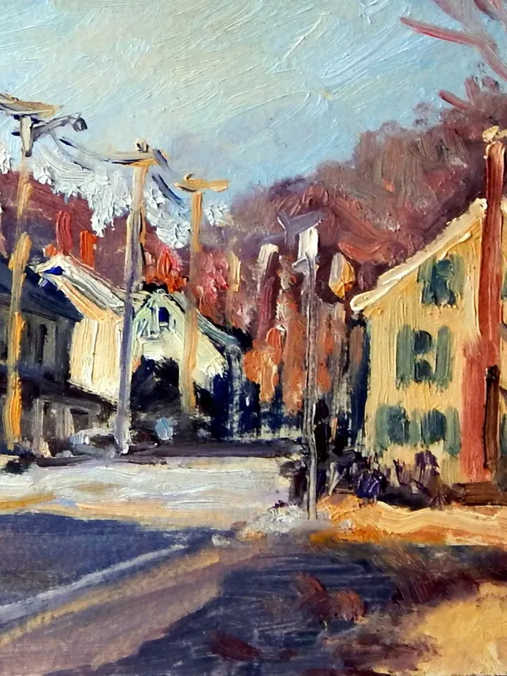 New England Landscape Painting - Houses and Poles- 8x12 Oil on Panel, Plein Air Impressionist Fine Art, Signed Original Cityscape